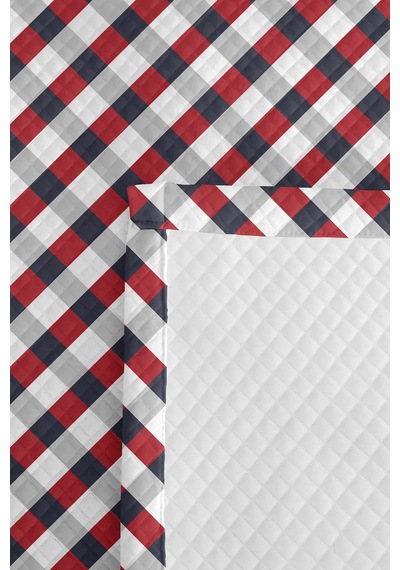 Kırmızı Ekose Geometrik Genç Odası Tek Kişilik Pike Takımı - Lacivert Modern 160x220 Cm Yatak Örtüsü Günbatımı Sis Uyumu