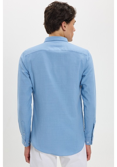 Tudors Erkek Slim Fit Dar Kesim %100 Pamuk Düğmeli Yaka Flam Keten Mavi Gömlek-50273