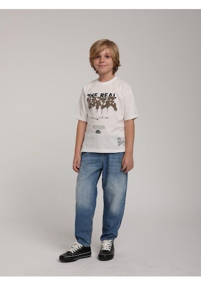 Escabel Erkek Çocuk The Real Yazılı Pamuklu T-shirt-15625 Ekru