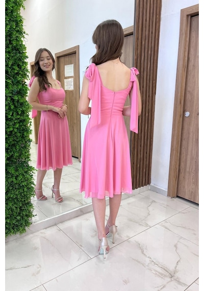By Saygı Kadın Omuzu Bağcıklı Astarlı Kısa Elbise-41320 Şeker Pembe