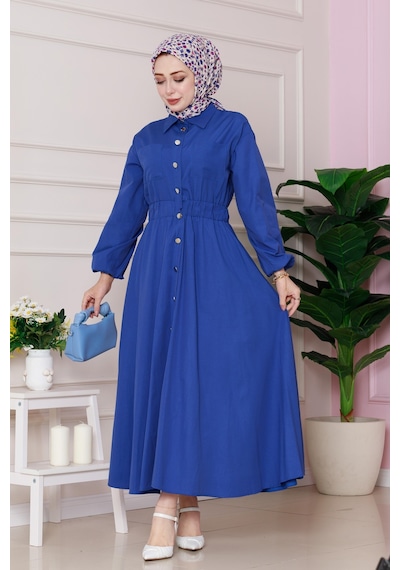 Sevitli Beli Lastik Detaylı Yasemin Elbise-saks Mavi-4816 Saks Mavi