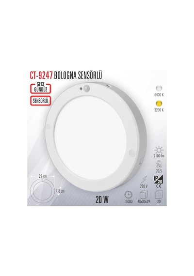 20w Sıva Üstü Sensörlü Led Armatür Cata Ct-9247g - Hareket Sensörlü Tavan Lambası, Enerji Tasarruflu Koridor Ve Merdiven Aydınlatması - 3200k Günışığı &
