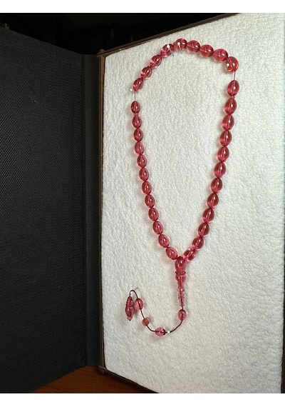 Ateş Kehribar Tesbih Pembe Renkli Şeffaf Beyzi Kesim 7mm X 11 Mm