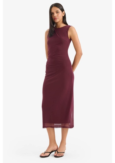 Defacto Bodycon Vücudu Saran Yuvarlak Yaka Tül Kolsuz Midi Elbise D8036ax25aubr232 Bordo
