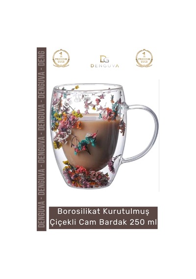 Bardak Çift Camlı Kurutulmuş Çiçekli Estetik Dekoratif Şık Tasarım Handmade Bardak 250 Ml Çok Renkli