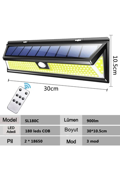 Solar 180 Led Güneş Enerjili Kumandalı 3 Modlu Duvar Lambası Hareket Sensörlü Su Geçirmez 1
