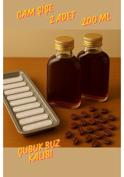 Rotanev 2 Adet Şeffaf Cold Brew Metal Gold Kapaklı Soğuk Kahve Yassı Cam Şişe 200 ml ve Çubuk Buz Kalıbı