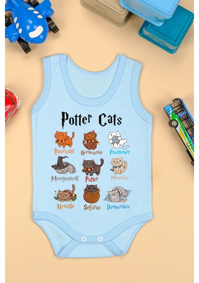 Bebetospik %100 Pamuklu Potter Cats Baskılı Yumuşak Doku Baskılı Zıbın & Body Mavi