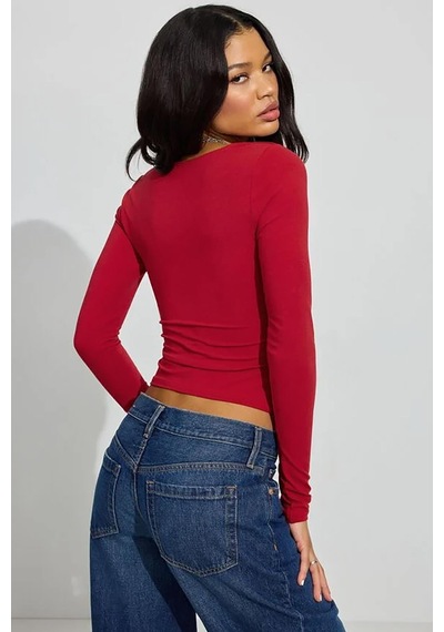 Seeh Kırmızı Kare Yaka Uzun Kollu Kadın Body Sh206
