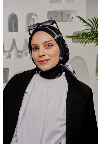 Afvente Geometrik Desen Siyah Soft Pamuk Eşarp