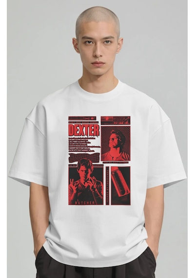 Dexter Dizi Baskılı Unisex Oversize Premium Tişört Beyaz