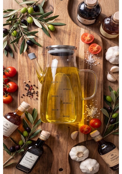 Makri Home 1000 Ml Cam Yağlık Sirkelik Sürahi, 22 Cm Yükseklik, 10 Cm Çap, Paslanmaz Çelik Kapaklı Şeffaf