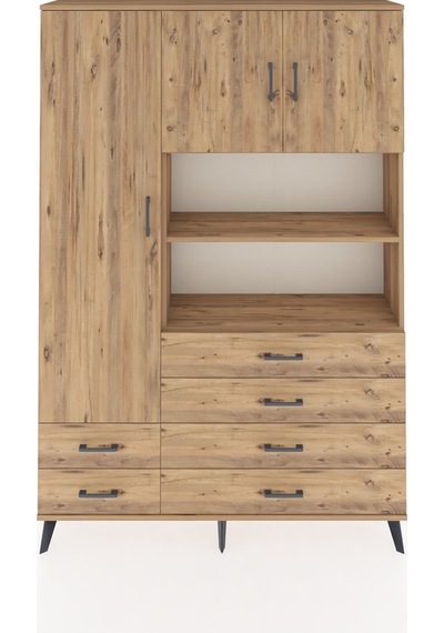 Arges Dolap 8 Raflı 6 Çekmeceli 3 Kapaklı 132x30x195 Çam-çam/çam Çam