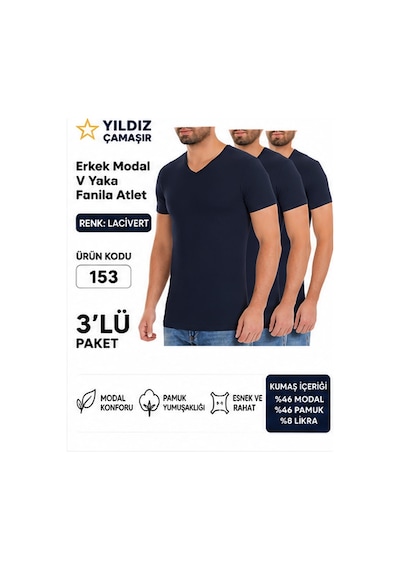 Yıldız Çamaşır Erkek V Yaka Kısa Kol Modal Likralı Fanila Atlet 150-151-152-153 - 3 Adet Lacivert