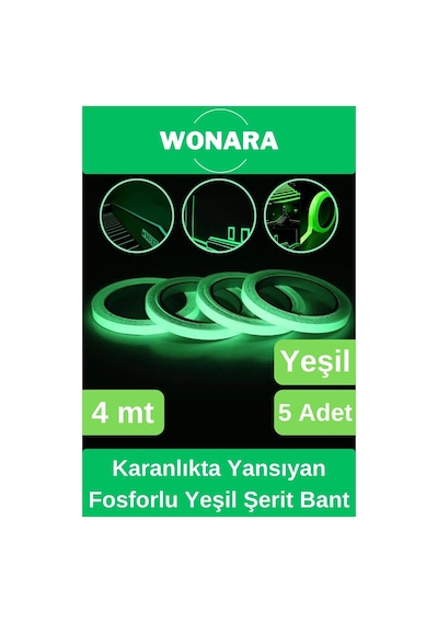Premium Karanlıkta Yansıyan Yapışkanlı Işık Veren Fosforlu Fotolümen Yeşil Şerit Bant 4 Mt 5 Adet