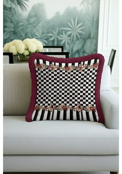 Luxe Ekose Çiçekli Saçaklı Yastık Kılıfı - Çizgili Romantik Vintage Bordo Püsküllü Kırlent Kılıfı Toprak Fırtına Mavisi Luxe Ekose Çiçekli Saçaklı Yastık Kılıfı - Çizgili Romantik Vintage Bordo Püsküllü Kırlent Kılıfı Toprak Fırtına Mavisi