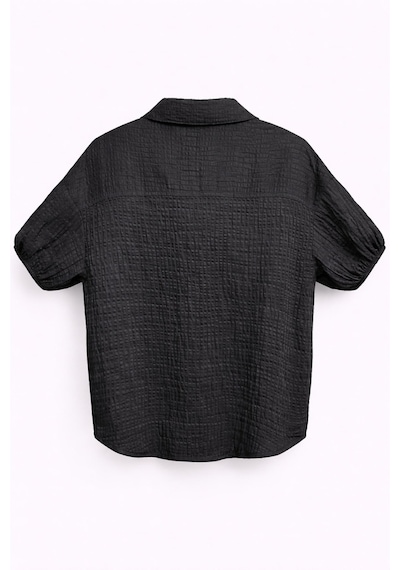 Mixray 4901 Kadın Polo Yaka Yarım Patlı Kraş Dokulu Crop Gömlek Siyah