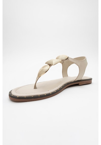 Luvishoes Luvi Shoes Helen Bej Hakiki Deri Parmak Arası Gold Tokalı Kadın Sandalet Bej