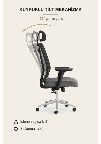 Upstyle Poyraz Başlıklı Fileli Ergonomik Çalışma Koltuğu Siyah Krom Koltuk 66 125 65 Cm
