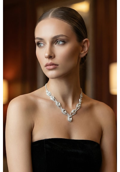 Accessories Hürrem Model Janjan Taşlı Kolye Küpe Takı Seti - Gelin Düğün Nişan Abiye Set Gümüş