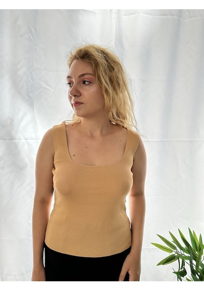 Simli Moda Kare Yaka Bej Triko Bluz - Kadın Beyaz