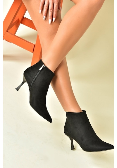 Fox Shoes Siyah Süet İnce Topuklu Sivri Burun Kadın Bot N282102102 Siyah-Süet