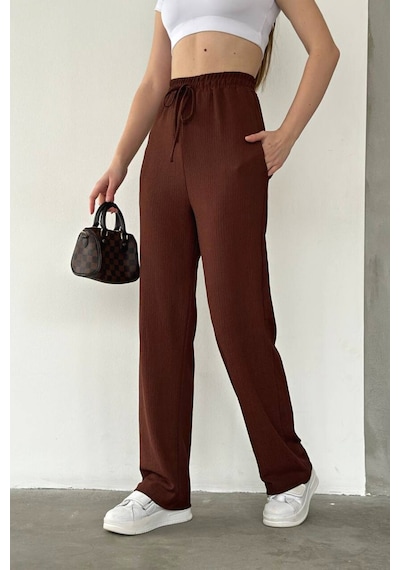 Trend Alisse Beli Lastikli Cepli Bol Paça Kadın Pantolon Kahverengi