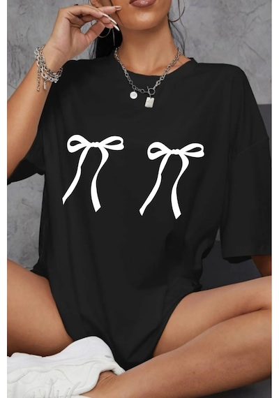 Kadın Çift Kurdele Baskılı Bisiklet Yaka Tshirt SIYAH
