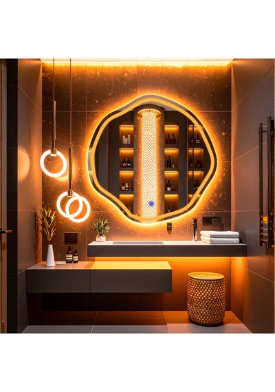 Lys Amber Led'li Lazer Kumlamalı Lavabo & Banyo Aynası Dokunmatik Sensörlü 60 X 60 Turuncu