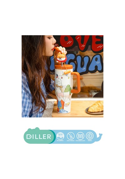 Diller 1200ml Sevimli Hayvanlar Tumbler Pipetli/pipetsiz Kulplu Paslanmaz Çelik Termos