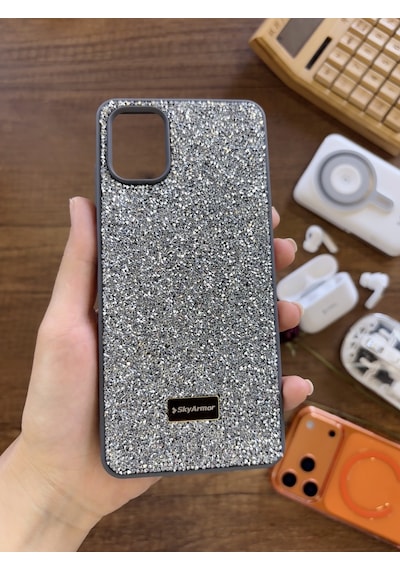 Samsung A06 Uyumlu Kadife İç Yüzey Tasarımlı Taşlı Işıltılı Parlak Pırlanta Kılıf Dia Plus Gri