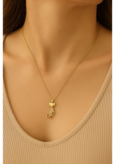 Gold, Tekli Zirkon Taşlı Kedi Kolye Gold - 227912670 Gold