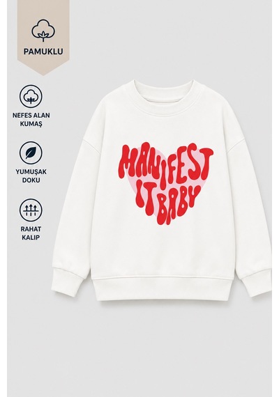 Monila Kız Çocuk 3 İplik Kumaş Baskılı Pamuklu Sweatshirt Ekru