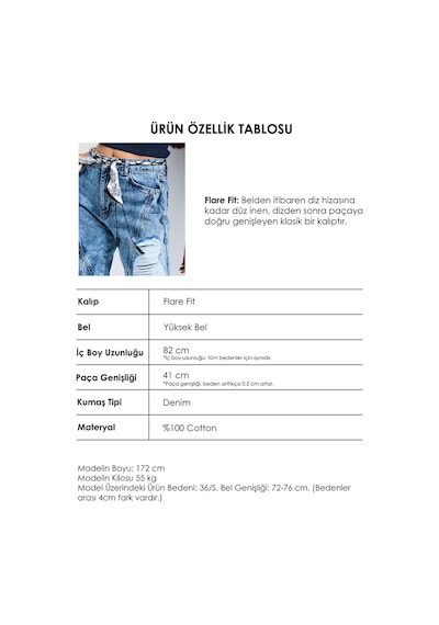 it's basic Kadın Mavi Flare Fit Altı Beslemeli Yırtık Ve Fular Detaylı Tasarım Denim Jean