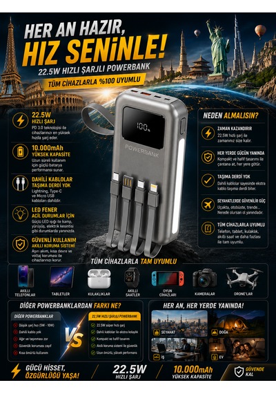 10000mah 22.5w Hızlı Şarjlı Powerbank Usb Micro Type-c Girişli Led Işıklı Kendinden Kablolu Antrasit