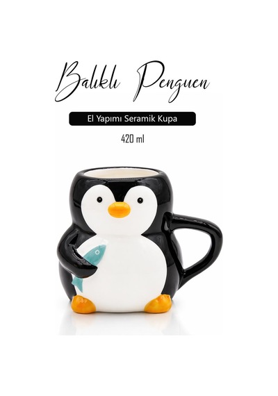 Penguen Figürlü El Yapımı Seramik Kupa, Mug, 420 Ml Siyah - Beyaz