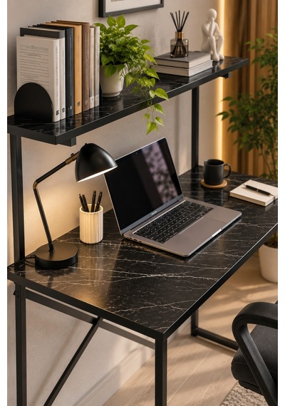 Sulorahome Raflı Ve Kitaplıklı Çalışma Masası Siyah Mermer Desenli Beyaz - Siyah Mermer Sulorahome Raflı Ve Kitaplıklı Çalışma Masası Siyah Mermer Desenli Beyaz - Siyah Mermer