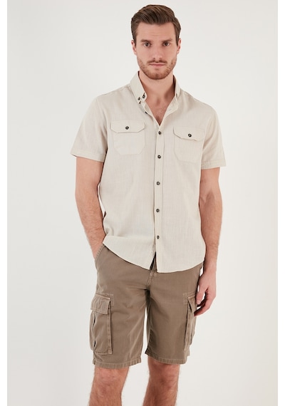 Buratti Düğmeli Yaka Pamuklu Slim Fit Cepli Erkek Gömlek Cf21S111153 Taş