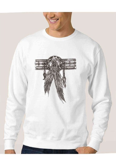 Dreamcatcher Wolf Tuy Baskılı Beyaz Erkek Örme Sweatshirt