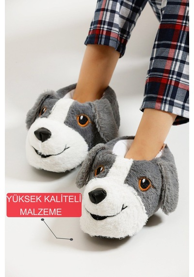 Devida Yumuşak Taban Sevimli Köpek Panduf Gri - Beyaz Beyaz - Gri