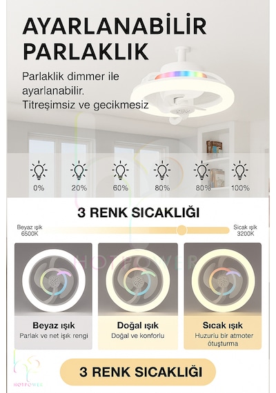 360 Dönebilen E27 Tavan Vantilatörü Ampul Led Işık Uzaktan Kumandalı Rgb Renkli Kısılabilir Vantilatör