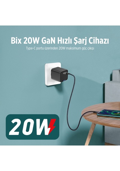 Bix BX1P20G GaN 20W Led Göstergeli Hızlı Şarj Cihazı Siyah