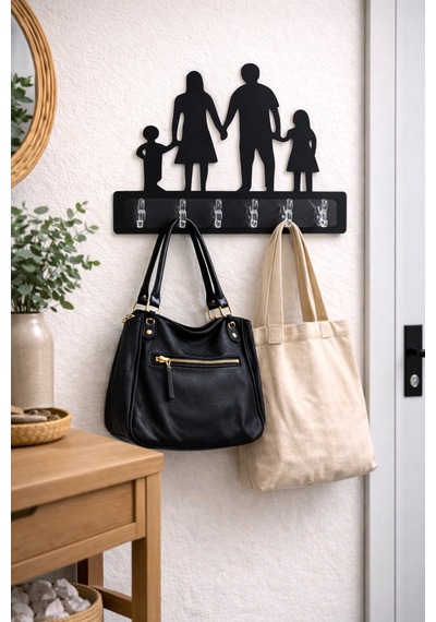 Aile Figürlü Dekoratif Duvar Askılığı 6 Kancalı Mdf Anahtarlık Ve Askı 38 X 30 Cm Siyah Siyah