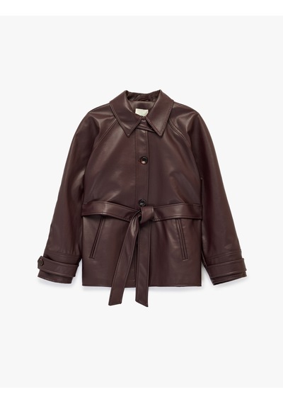 Koton Uzun Kollu Cepli Kemerli Oversize Suni Deri Ceket Bordo 6sak20108ew