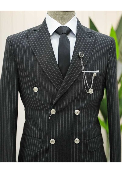 Beystil Sivri Yaka Siyah Çizgili Kruvaze Takım Elbise Bezayak036- Slim Fit Siyah