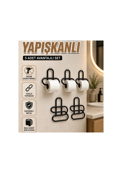 Yapışkanlı Siyah Metal Tuvalet Kağıdı Askısı 5 Adet Set Renkli