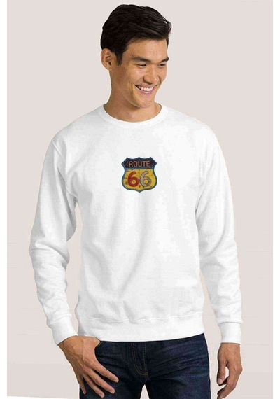 Route 66 Baskılı Beyaz Erkek Örme Sweatshirt