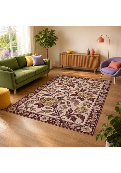 Kartela Halı Vintage Çiçek Bordürlü Halı Bordo Kaymaz Taban Makinede Yıkanabilir 60x90 Cm