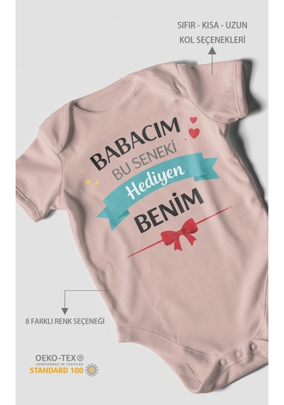 Morivokids Babacım Bu Seneki Hediyen Benim Kısa Kollu Bebek Body %100 Pamuk Pastel Pembe