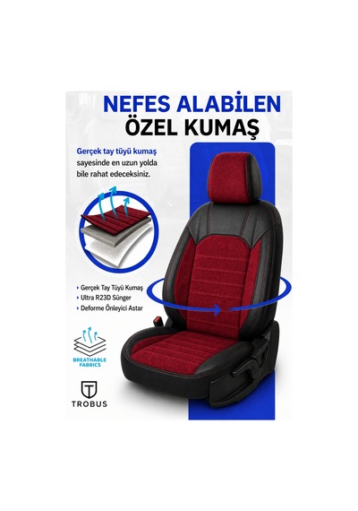 Citroen Nemo 2008-2014 Tay Tüyü Deri Detay Koltuk Kılıfı Prestige Line Kırmızı Siyah